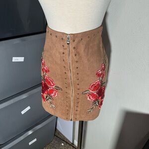 a'gaci Tan Mini Skirt with Red Floral Design